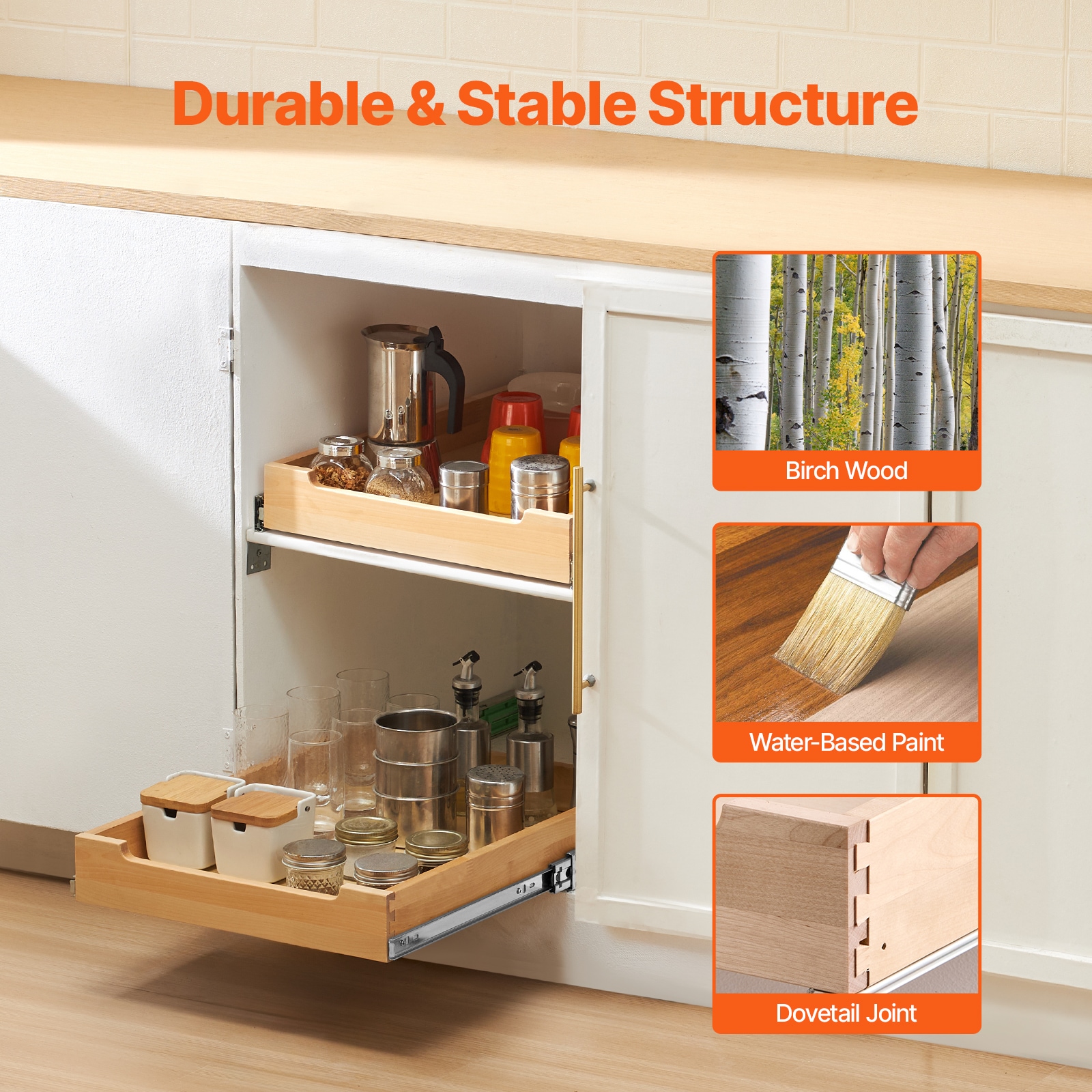 Pull Out Cabinet Organizer Soft Close Slide Out Shelf Wood Drawer 17"W X 21"D_voghion.com